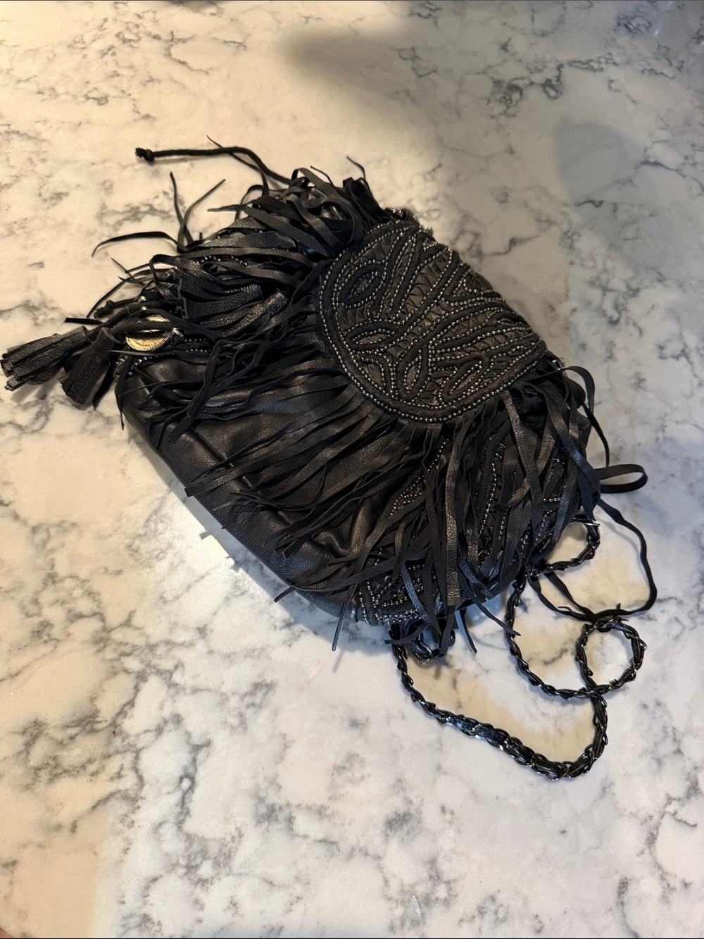 Antik Batik Black Fringe Crossbody with Beaded Embellishment